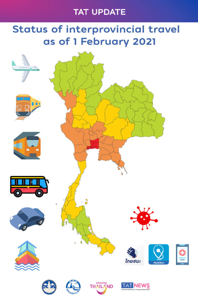 Status of interprovincial travel as Thailand eases COVID-19 controls as of 1 February 2021