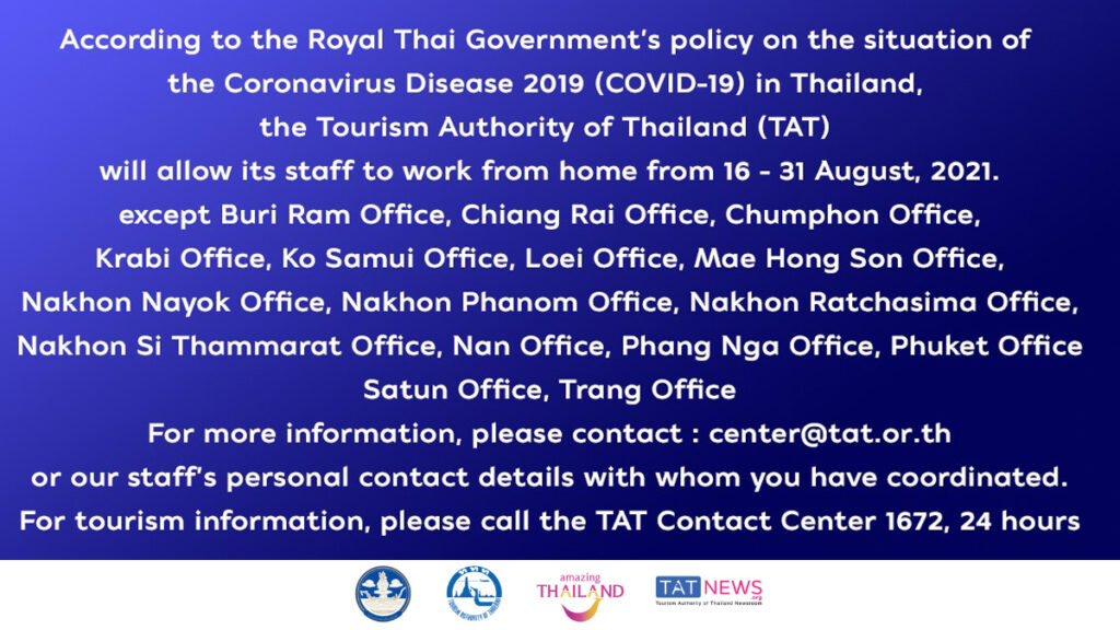 TAT announces an extension of working from home during 16-31 August 2021
