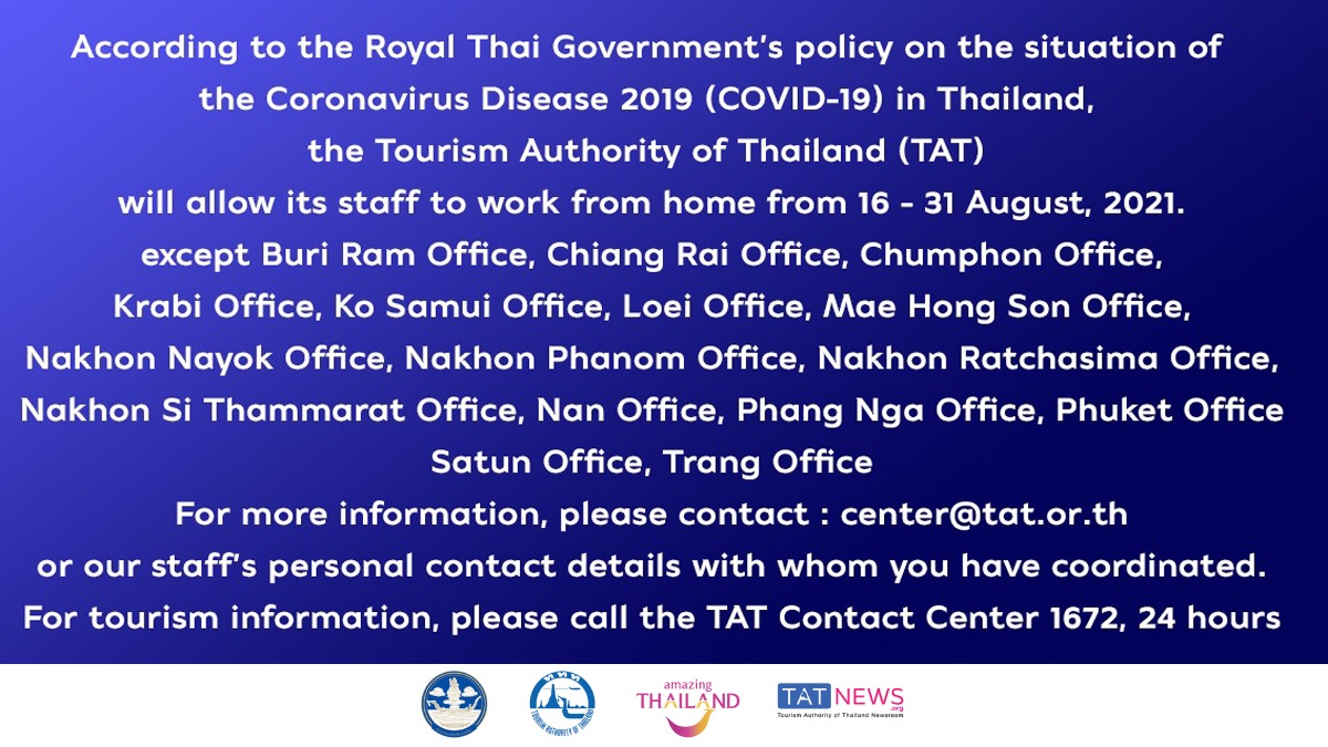 TAT announces an extension of working from home during 16-31 August 2021