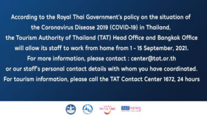 TAT announces an extension of working from home for Head Office and Bangkok Office