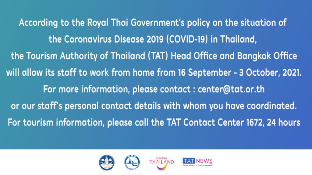 TAT announces an extension of working from home for Head Office and Bangkok Office