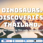 Promotional cover featuring lush jungle scenery with bold overlay text: “Dinosaurs. Discoveries. Thailand.” and “Travel from the film sets to real fossils.”