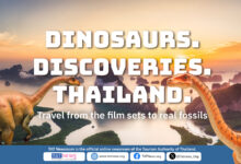 Promotional cover featuring lush jungle scenery with bold overlay text: “Dinosaurs. Discoveries. Thailand.” and “Travel from the film sets to real fossils.”