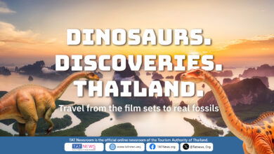 Promotional cover featuring lush jungle scenery with bold overlay text: “Dinosaurs. Discoveries. Thailand.” and “Travel from the film sets to real fossils.”