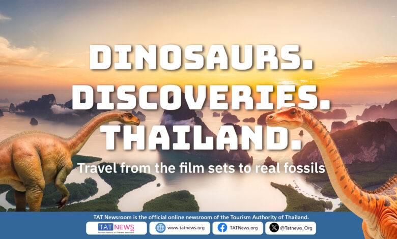 Promotional cover featuring lush jungle scenery with bold overlay text: “Dinosaurs. Discoveries. Thailand.” and “Travel from the film sets to real fossils.”