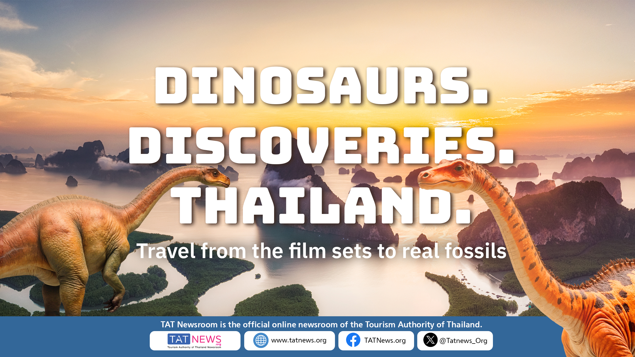 Promotional cover featuring lush jungle scenery with bold overlay text: “Dinosaurs. Discoveries. Thailand.” and “Travel from the film sets to real fossils.”