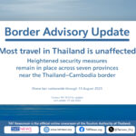 Informational graphic outlining heightened security in seven Thai provinces along the Cambodia border, a nationwide drone ban, and reassurance that most travel in Thailand remains unaffected.