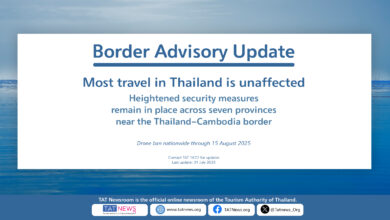 Informational graphic outlining heightened security in seven Thai provinces along the Cambodia border, a nationwide drone ban, and reassurance that most travel in Thailand remains unaffected.
