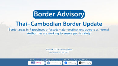 Horizontal banner announcing border advisory for Thailand. Mentions closures, martial law, and travel disruptions in 7 provinces near the Thai–Cambodia border. Emphasises that major destinations continue to operate normally. Includes contact number and update date.
