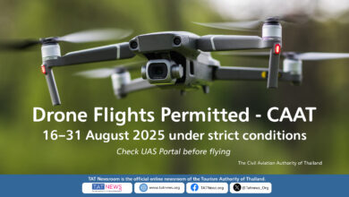 Drone operations permitted 16–31 August 2025 under strict conditions. Register flights via uasportal.caat.or.th. Check restricted zones. No night flying. Max altitude 90m.