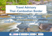Heightened security measures in seven Thai provinces along the Cambodia border, continued martial law in select districts, a ceasefire in effect, and confirmation that most of Thailand remains open and safe for travel. Drone operations permitted under strict rules until 31 August.