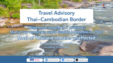 Heightened security measures in seven Thai provinces along the Cambodia border, continued martial law in select districts, a ceasefire in effect, and confirmation that most of Thailand remains open and safe for travel. Drone operations permitted under strict rules until 31 August.