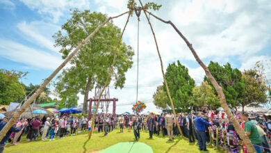 Akha villagers gather around a tall wooden swing structure during the festival, with clear skies and green trees in the background.