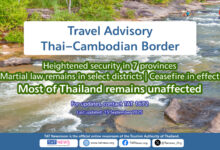 Heightened security measures in seven Thai provinces along the Cambodia border, continued martial law in select districts, a ceasefire in effect, and confirmation that most of Thailand remains open and safe for travel. Drone operations permitted under strict rules until 31 August.