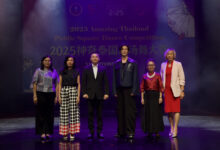 Officials and guests on stage at the 2025 Amazing Thailand Public Square Dance Competition in Bangkok, celebrating Thai–Chinese cultural exchange.