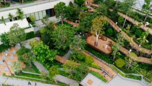 Aerial view of lush Roof Park at Central Park Bangkok with wooden walkways.
