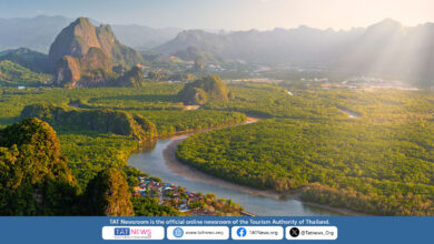 Phang Nga Bay mangrove forest and limestone mountains – iconic film location in Thailand, promoted by TAT Newsroom for global tourism.