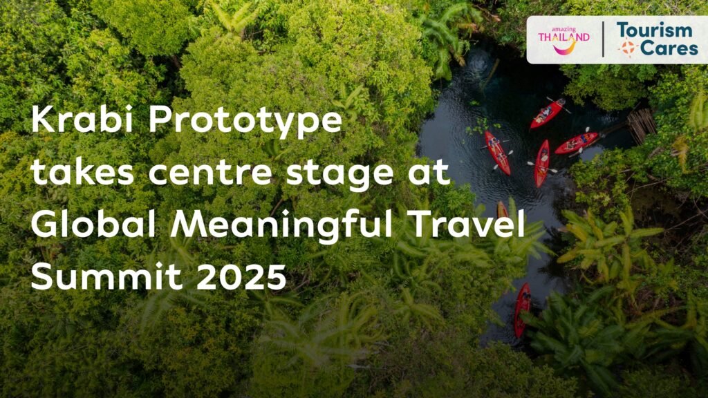 Aerial view of kayakers exploring lush mangrove forest in Krabi, highlighting sustainable tourism at Global Meaningful Travel Summit 2025.