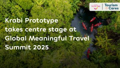 Aerial view of kayakers exploring lush mangrove forest in Krabi, highlighting sustainable tourism at Global Meaningful Travel Summit 2025.
