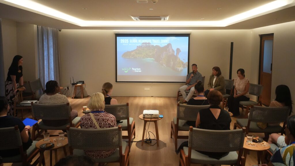 Panel discussion at Global Meaningful Travel Summit 2025 in Krabi, highlighting sustainable tourism dialogue.