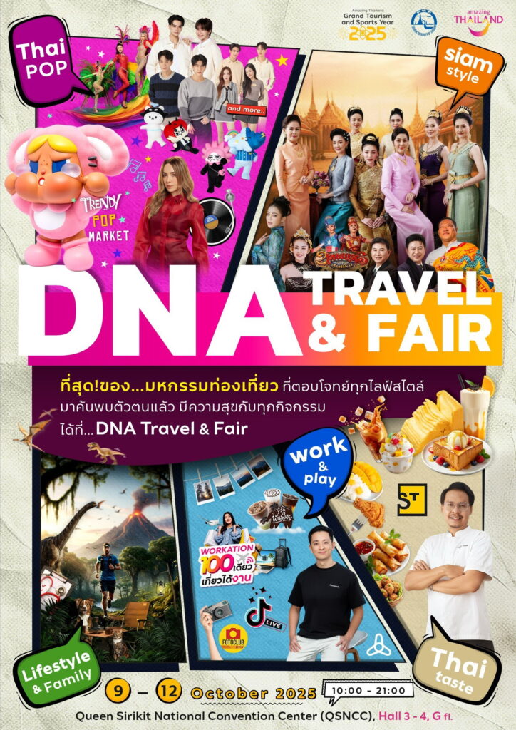Key visual of DNA Travel and Fair 2025 highlighting five lifestyle zones Thai Pop, Siam Style, Thai Taste, Work and Play, Lifestyle and Family