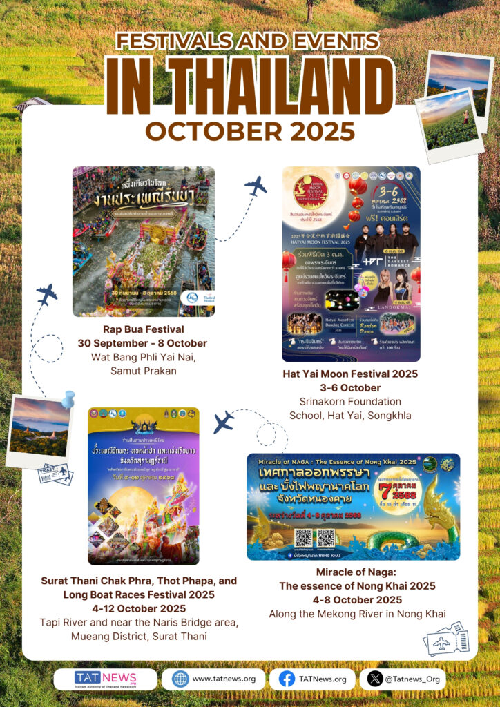 Thailand October 2025 festivals including Rap Bua, Hat Yai Moon Festival, Surat Thani boat races, and Nong Khai Naga Fireballs