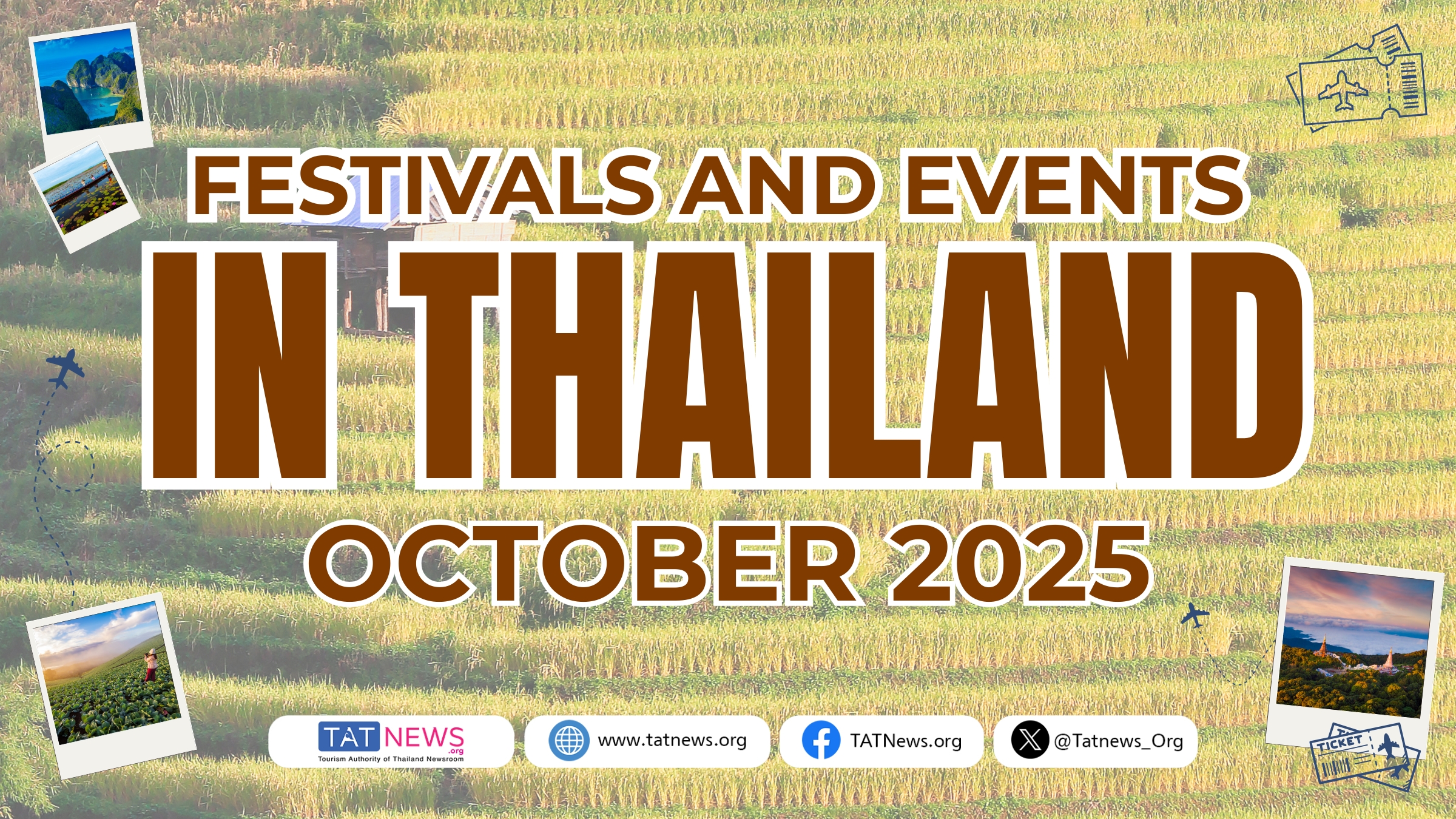 Festivals and Events in Thailand October 2025 cover with rice field background and travel theme graphics