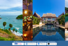 Thailand tourism highlights featuring Phromthep Cape seascape, Thai spa, luxury Thai-style hotel with pool, and long-tail boat trip among limestone islands.