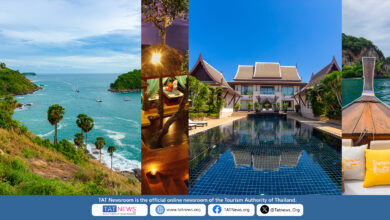 Thailand tourism highlights featuring Phromthep Cape seascape, Thai spa, luxury Thai-style hotel with pool, and long-tail boat trip among limestone islands.
