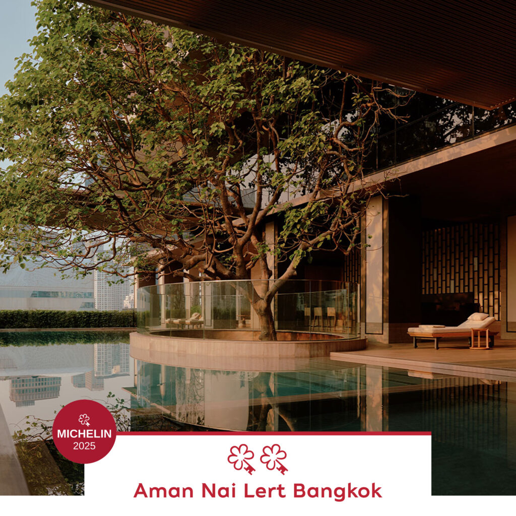 Aman Nai Lert Bangkok, honoured with Two MICHELIN Keys in the MICHELIN Key Selection Thailand 2025, offering serene luxury and timeless design in a lush city garden.