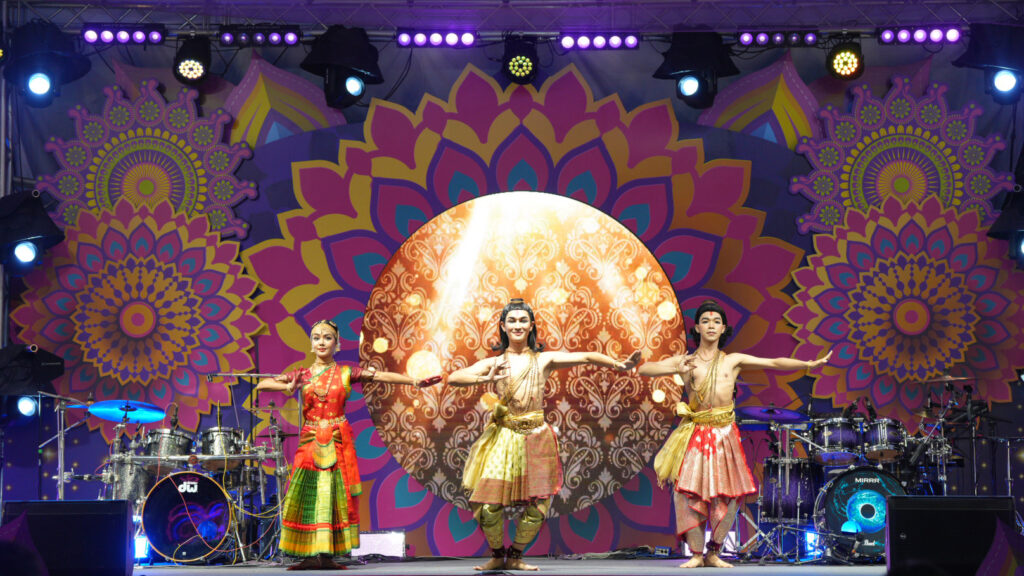 Thai and Indian classical dancers perform a Ramayana-inspired act on stage at the Amazing Thailand Grand Diwali Festival 2025 in Bangkok.