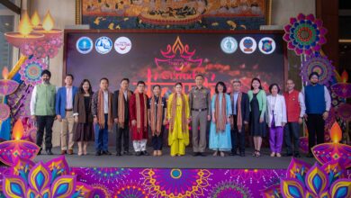 Group photo of TAT executives, government officials, and Indian community representatives at the Amazing Thailand Grand Diwali Festival 2025 launch ceremony in Bangkok.