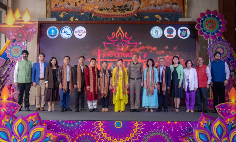 Group photo of TAT executives, government officials, and Indian community representatives at the Amazing Thailand Grand Diwali Festival 2025 launch ceremony in Bangkok.