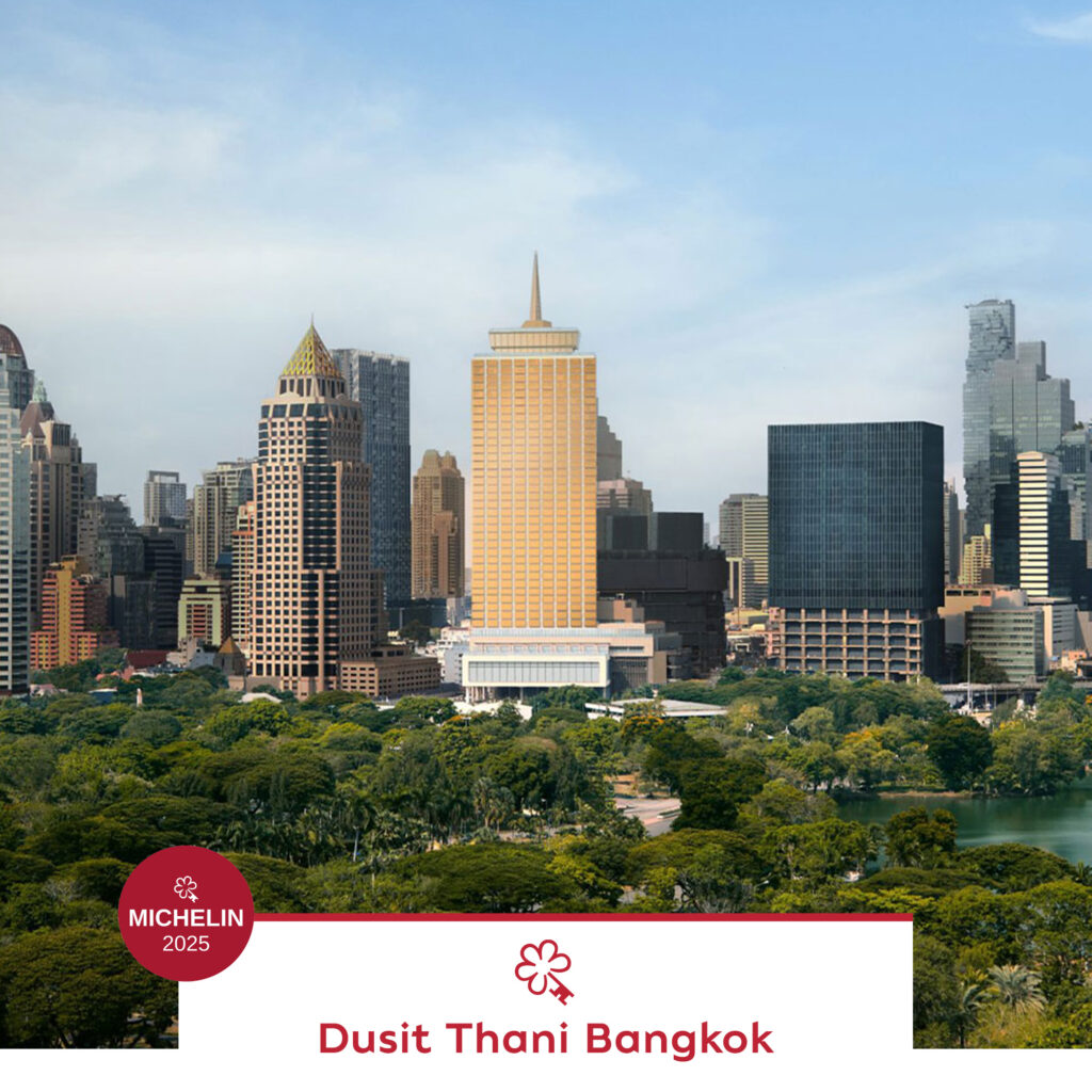 Dusit Thani Bangkok, a new addition to the MICHELIN Key Selection Thailand 2025, symbolising Thai heritage and elegance in the heart of the capital skyline.