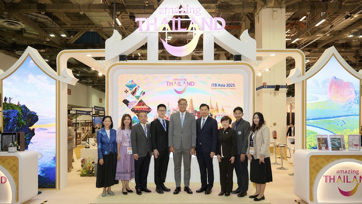 Tourism Authority of Thailand delegation at the Thailand Pavilion during ITB Asia 2025 in Singapore, promoting sustainable and quality tourism.