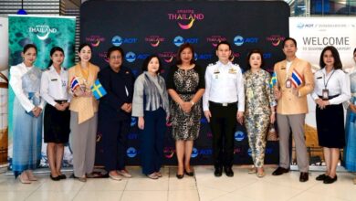 Mrs. Chiravadee Khunsub, TAT executives and airport representatives welcome Norse Atlantic Airways’ inaugural Stockholm–Bangkok flight at Suvarnabhumi Airport.