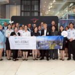 TAT and AOT representatives welcome Norse Atlantic Airways’ inaugural London–Bangkok flight at Suvarnabhumi Airport with a group photo.