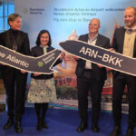 Swedavia, Norse Atlantic Airways, and TAT officials at Stockholm Arlanda Airport during the inaugural Stockholm–Bangkok flight ceremony.