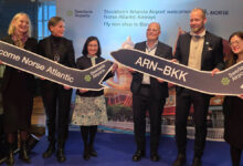 Swedavia, Norse Atlantic Airways, and TAT officials at Stockholm Arlanda Airport during the inaugural Stockholm–Bangkok flight ceremony.