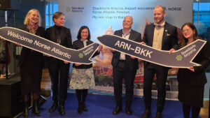 Swedavia, Norse Atlantic Airways, and TAT officials at Stockholm Arlanda Airport during the inaugural Stockholm–Bangkok flight ceremony.