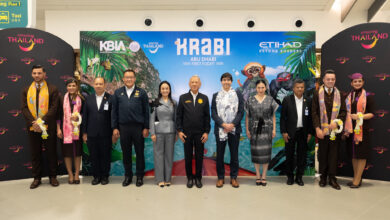Executives from Thailand and Etihad Airways pose for a group photo at Krabi International Airport during the launch of the Abu Dhabi–Krabi direct flight.