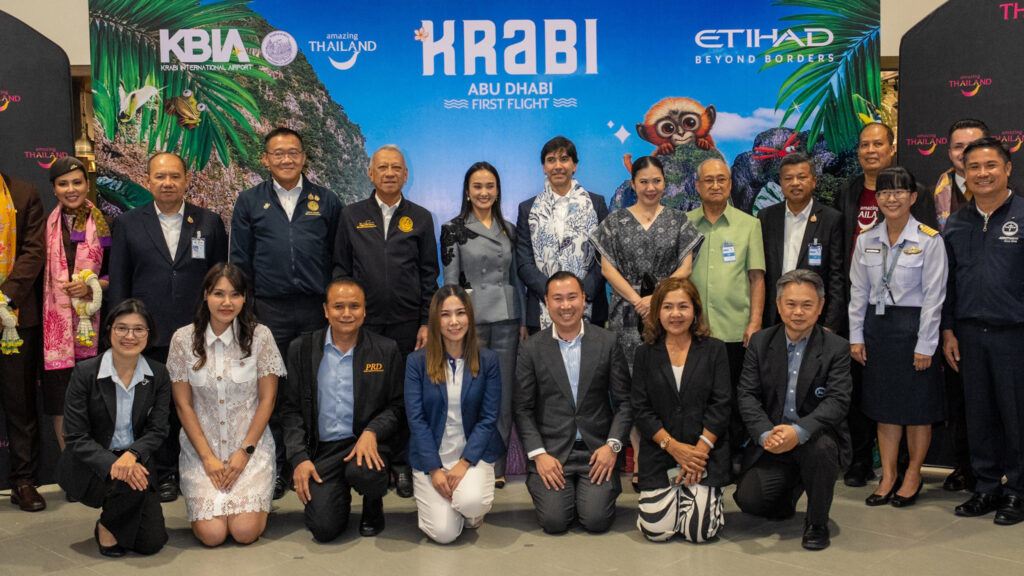 Tourism Authority of Thailand executives and partners gather for a commemorative group photo marking Etihad Airways’ first Abu Dhabi–Krabi flight.