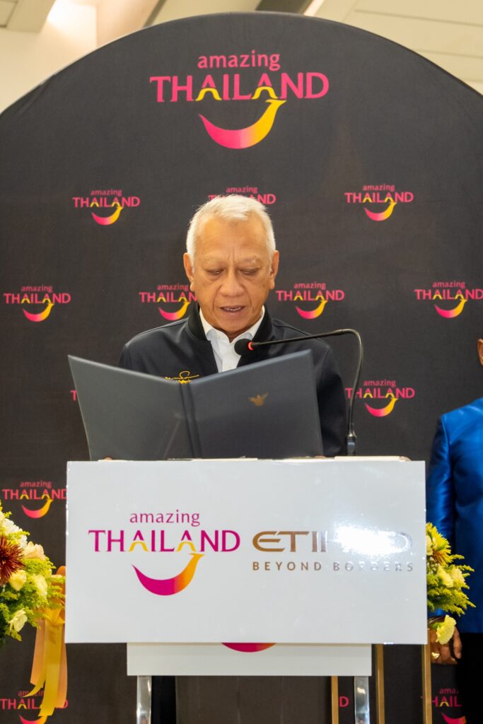 Deputy Prime Minister and Minister of Transport delivers remarks at the welcome ceremony for Etihad Airways’ Abu Dhabi–Krabi inaugural flight.