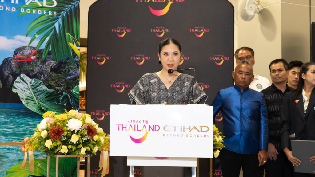 TAT Governor delivers a welcome speech at the launch of Etihad Airways’ inaugural Abu Dhabi–Krabi flight at Krabi International Airport.