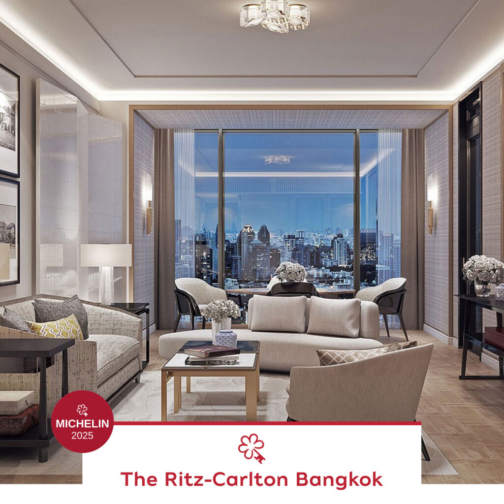 The Ritz-Carlton Bangkok, part of the MICHELIN Key Selection Thailand 2025, highlighting refined urban luxury and panoramic city views from elegant interiors.