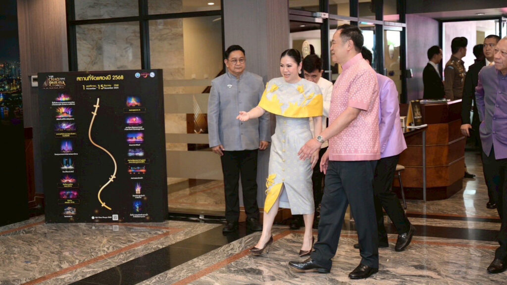 Tourism Authority of Thailand executives review the event map showcasing Vijit Chao Phraya 2025 light-and-sound landmarks along the Chao Phraya River.