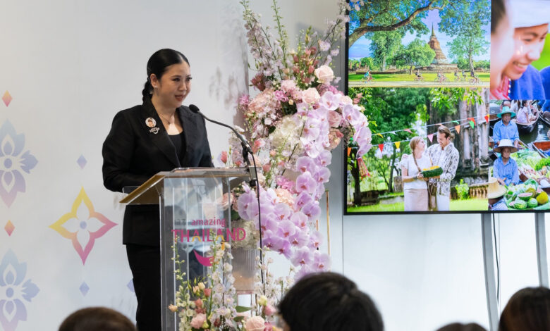 Ms. Thapanee Kiatphaibool, Governor of the Tourism Authority of Thailand (TAT), delivers a speech during the Amazing Thailand Press Conference at WTM 2025 in London, highlighting Thailand’s new global campaign “Healing is the New Luxury.”