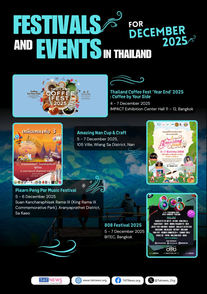 Event calendar featuring Thailand Coffee Fest ‘Year End’ 2025, Amazing Nan Cup & Craft, Plearn Peng Por Music Festival, and 808 Festival 2025, displayed with colorful event posters on a scenic backdrop.
