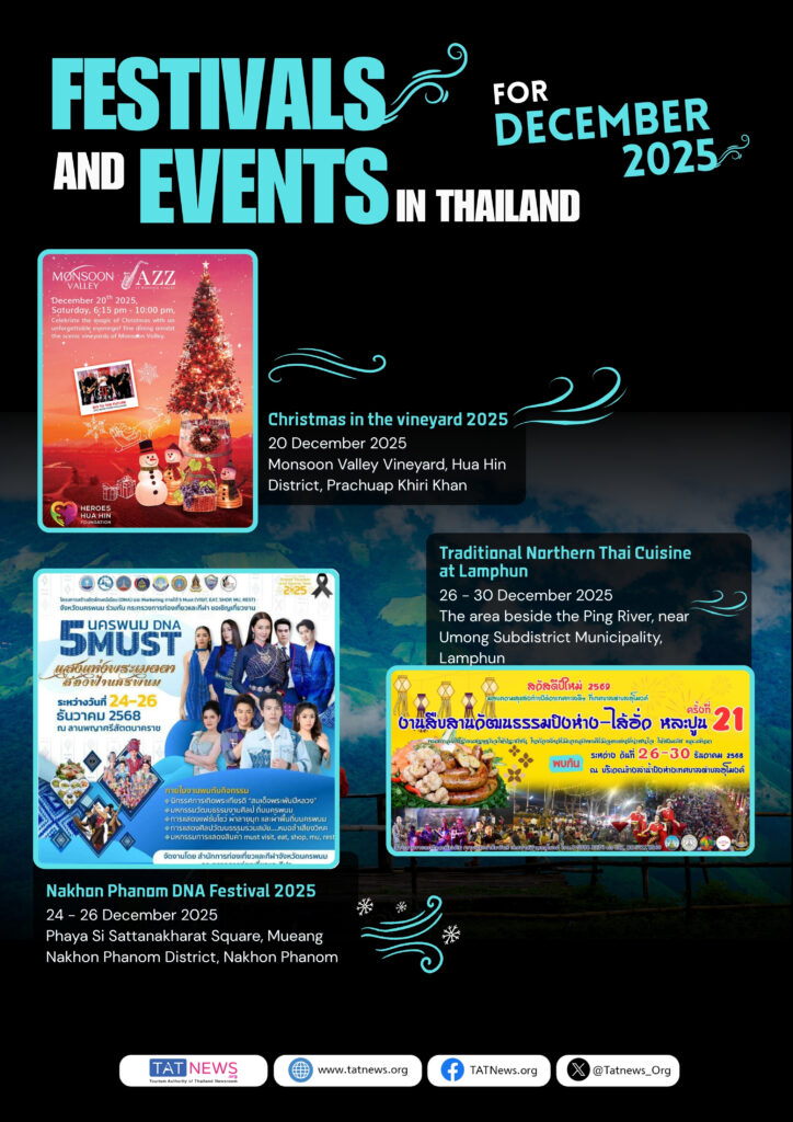 Final event calendar page highlighting Christmas in the Vineyard 2025, Nakhon Phanom DNA Festival 2025, and Traditional Northern Thai Cuisine at Lamphun, featuring bright posters and December festive graphics.