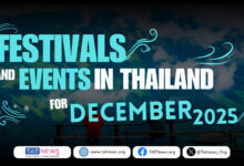Cover graphic for Festivals and Events in Thailand for December 2025, featuring mountain scenery, cloud layers, and bold turquoise typography promoting TAT News.